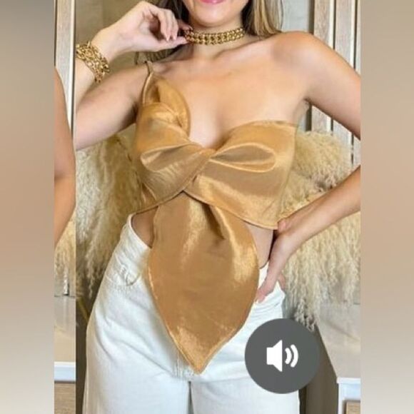 Gold Women's Sleeveless Crop Tube Top One Strapless Bow Twist Tie Front One Size - Picture 1 of 4